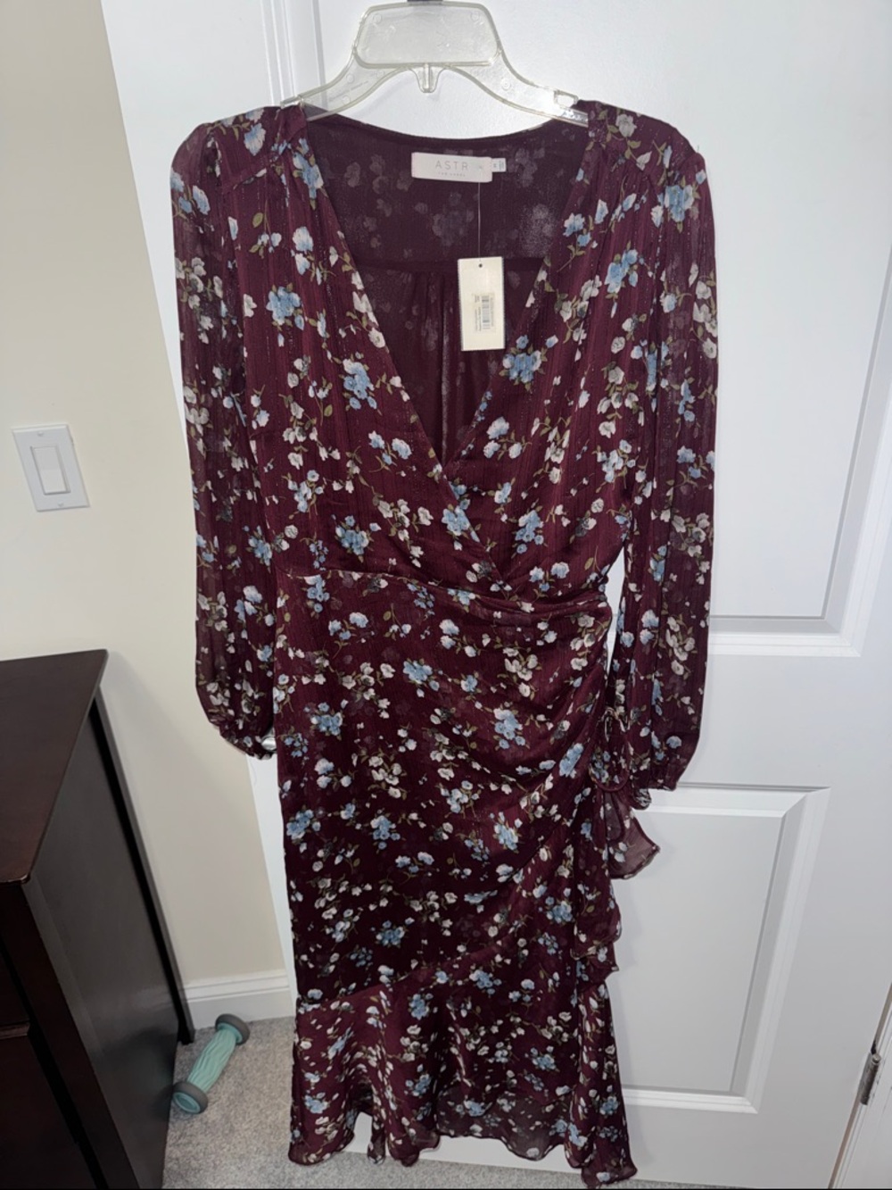 Astr Plum Floral Wrap Midi Dress with Blue & Cream Blooms